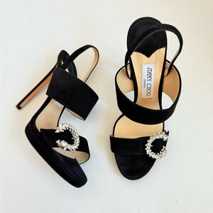Jimmy Choo Saphie 120 mm Crystal Charm Black Suede Platform Heels EU 39